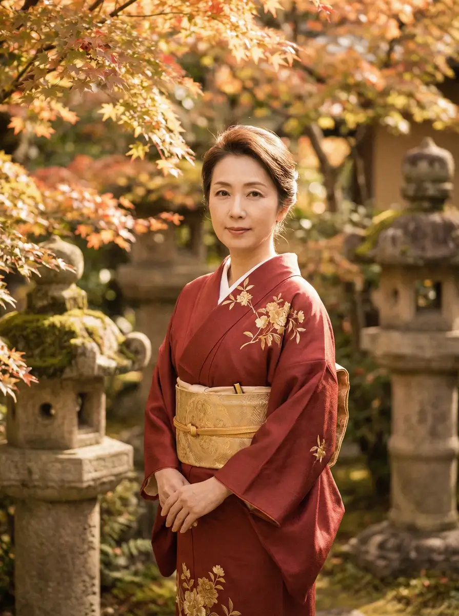 一位身穿暗红色和服的优雅 里番 | 里番官方平台-今日热点里番爆料专区 在日式庭院中